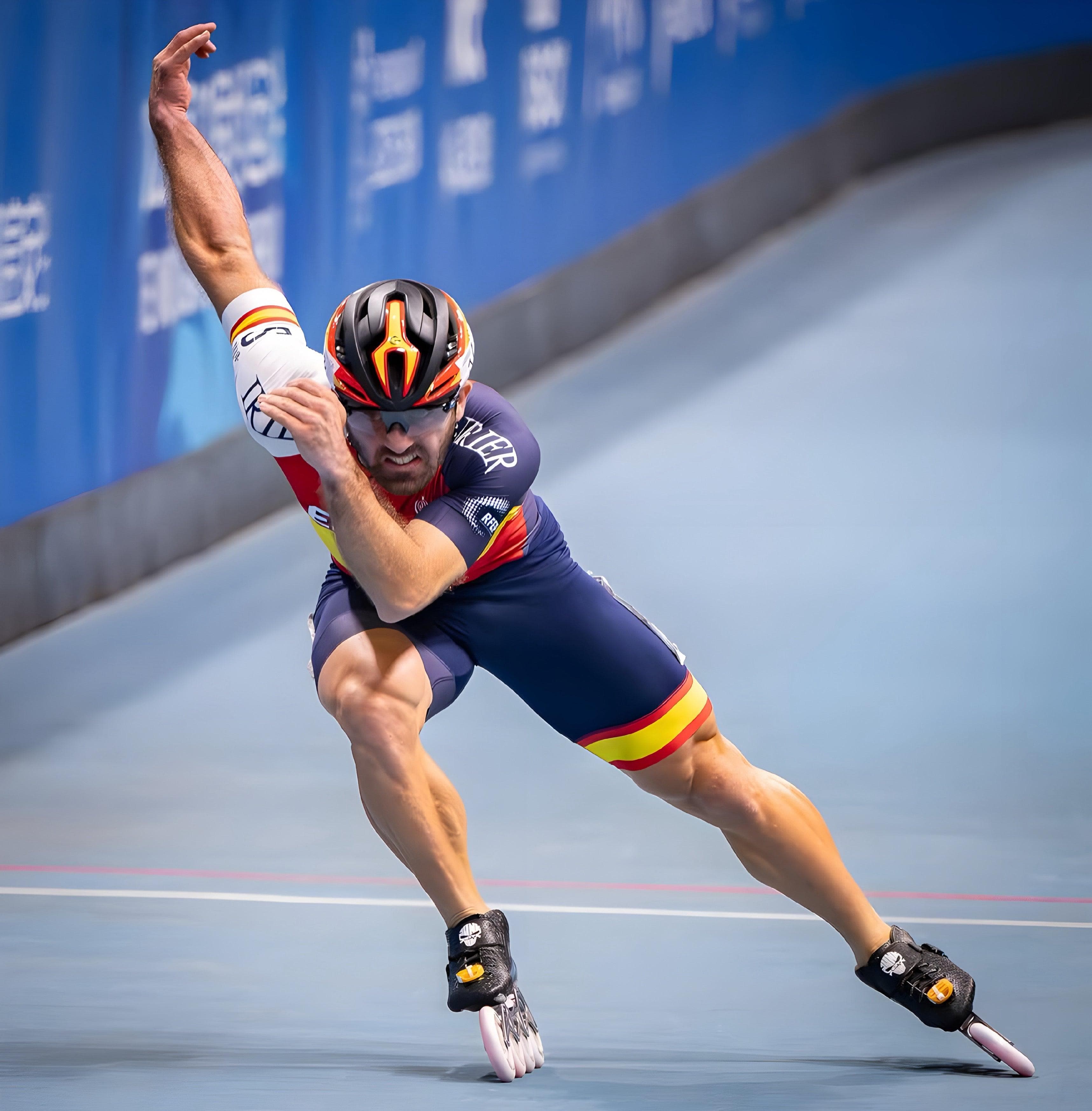 Inline speed skater powering out of a bend in full race tuck